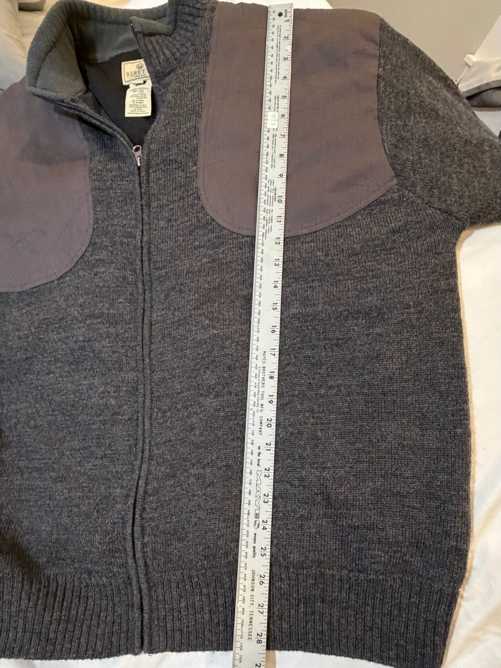 Beretta Men’s 2XL 100% Wool Full-Zip Sweater – Gray with Canvas Shoulder Panels